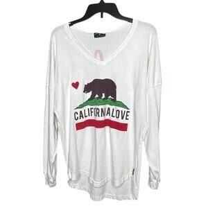 Spirit Jersey Bear White Long Sleeve California Bear Flag V Neck Top Size Small